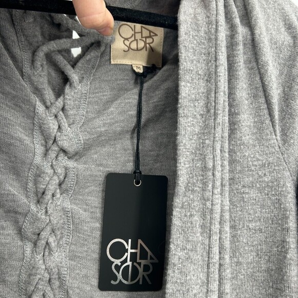 NWT CHASER Gray Super Soft Lace Up Back Hooded Cardigan Sweater Size Medium - Picture 7 of 7